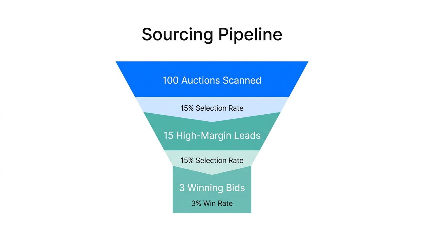 The conversion funnel from scanning auctions to winning profitable pallets.
