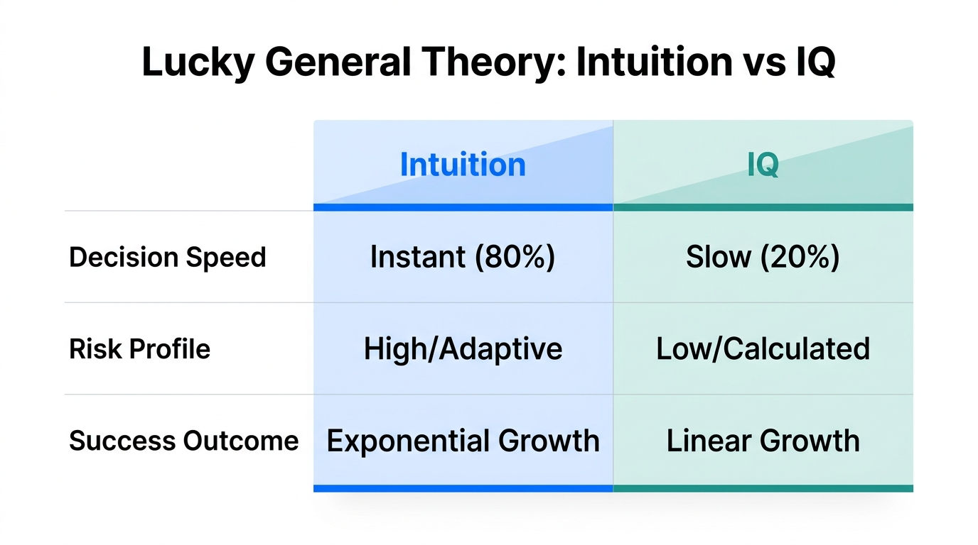 A comparison of Intuition and IQ in the Lucky General Theory.