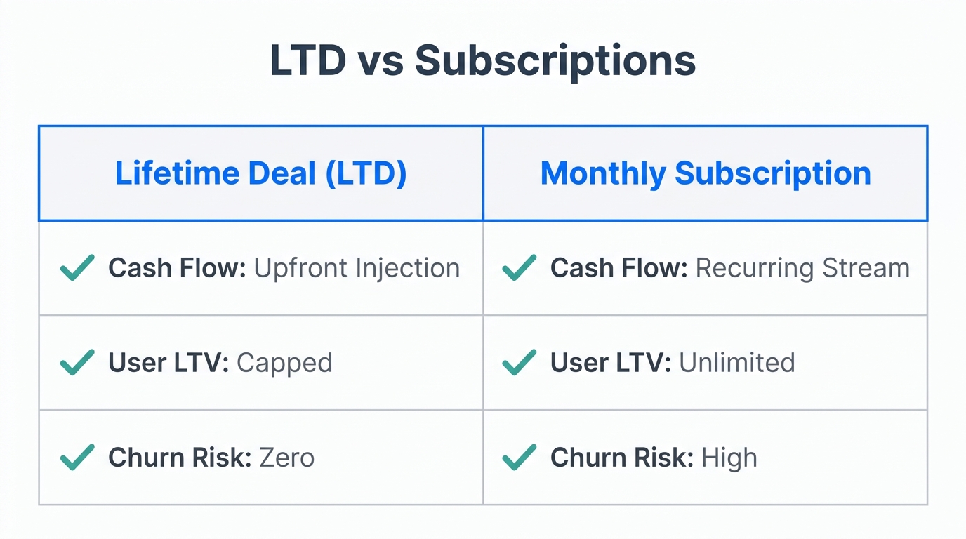 Comparison of lifetime deals versus recurring subscription revenue models.