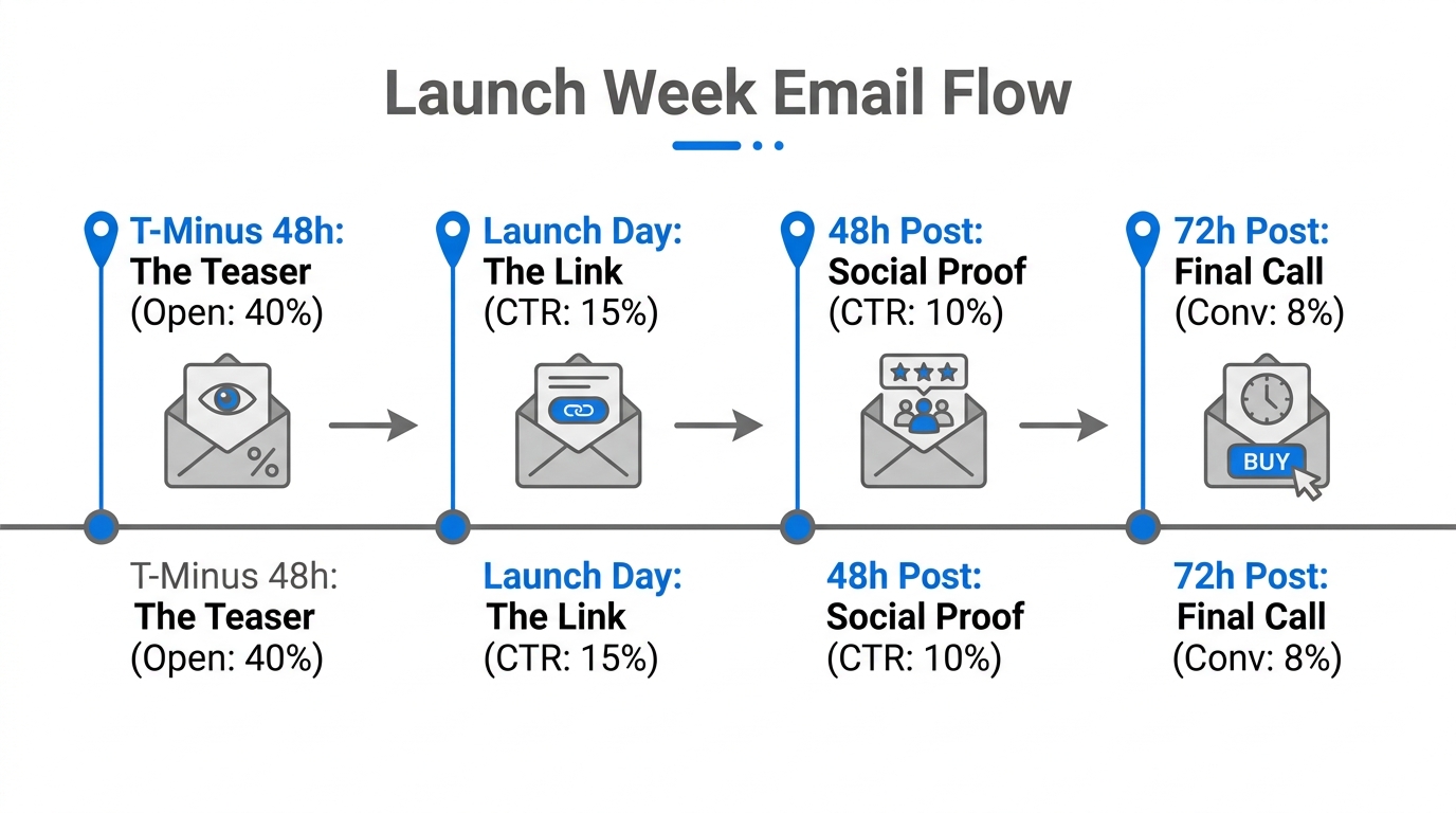 Automated email sequence stages and expected engagement metrics.