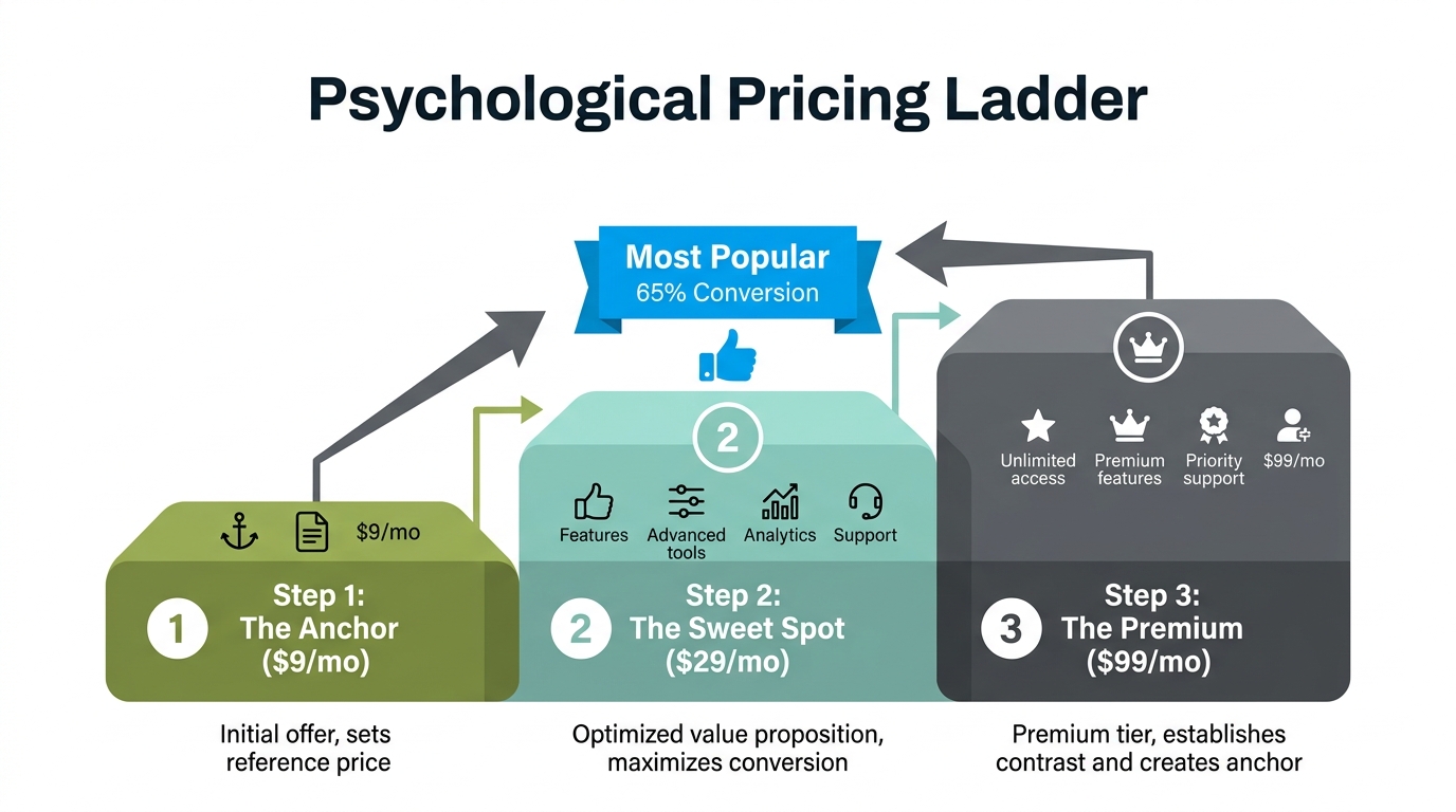 Three-tier pricing strategy designed to anchor and convert users.
