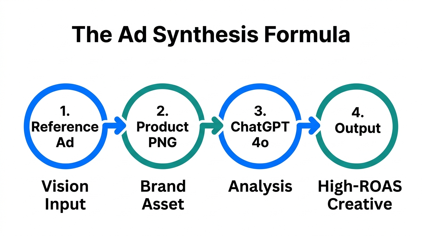 Step-by-step workflow for combining reference ads with product images.