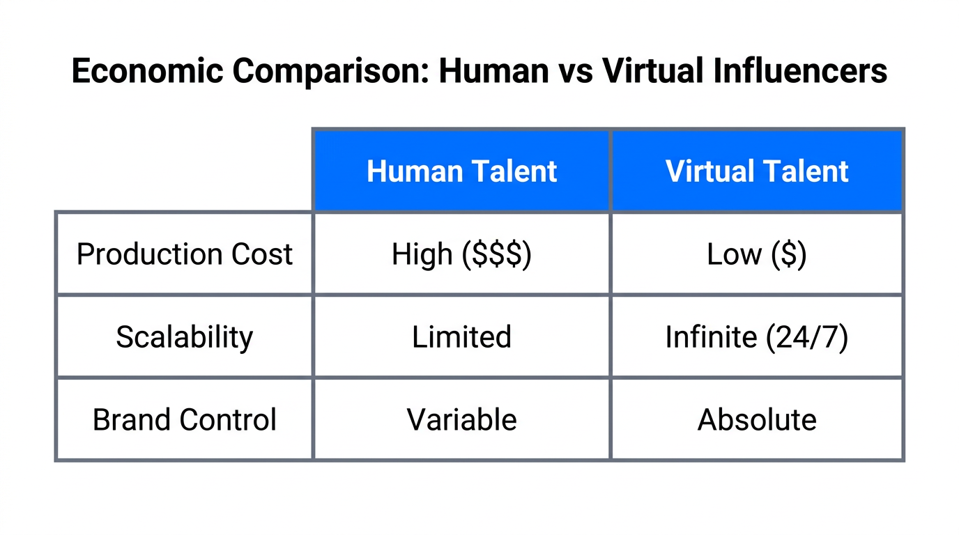 Comparison of costs and scalability between human and virtual influencers.