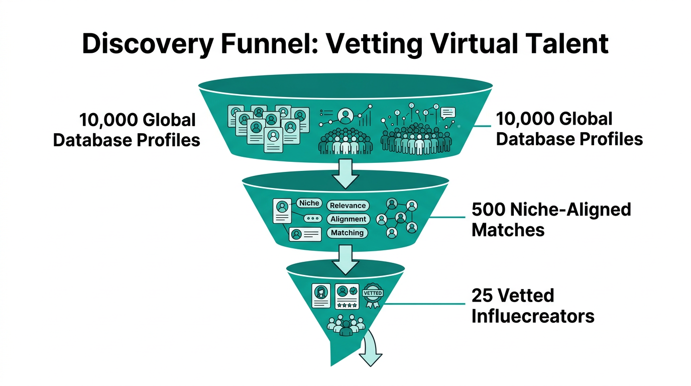 Funnel showing the filtering process for finding niche virtual creators.