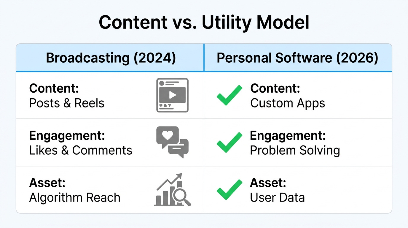 Comparison between traditional social broadcasting and the personal software model.