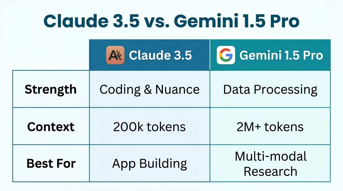 Feature comparison between Claude and Gemini for creator software stacks.