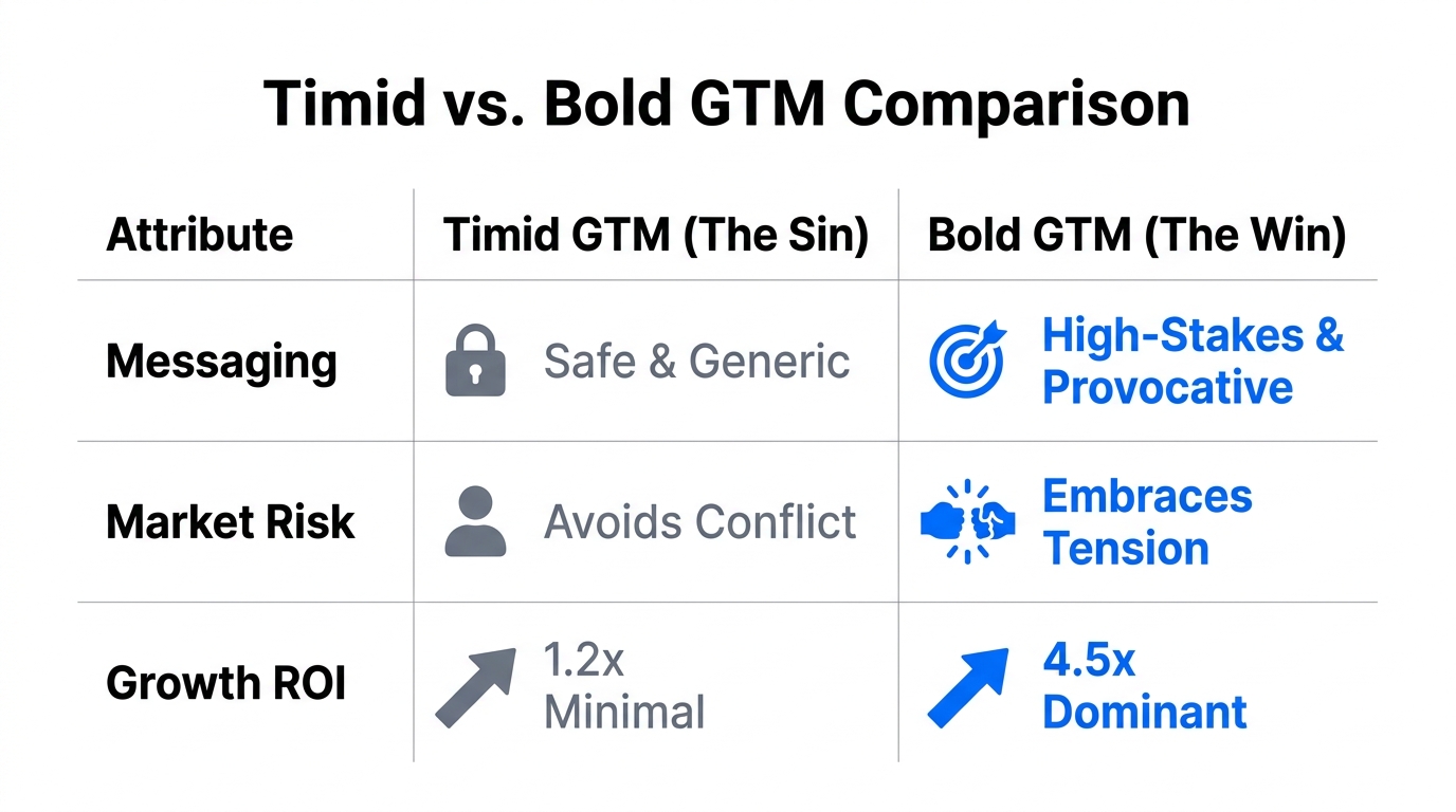 Comparison table contrasting timid marketing results versus bold GTM strategies.
