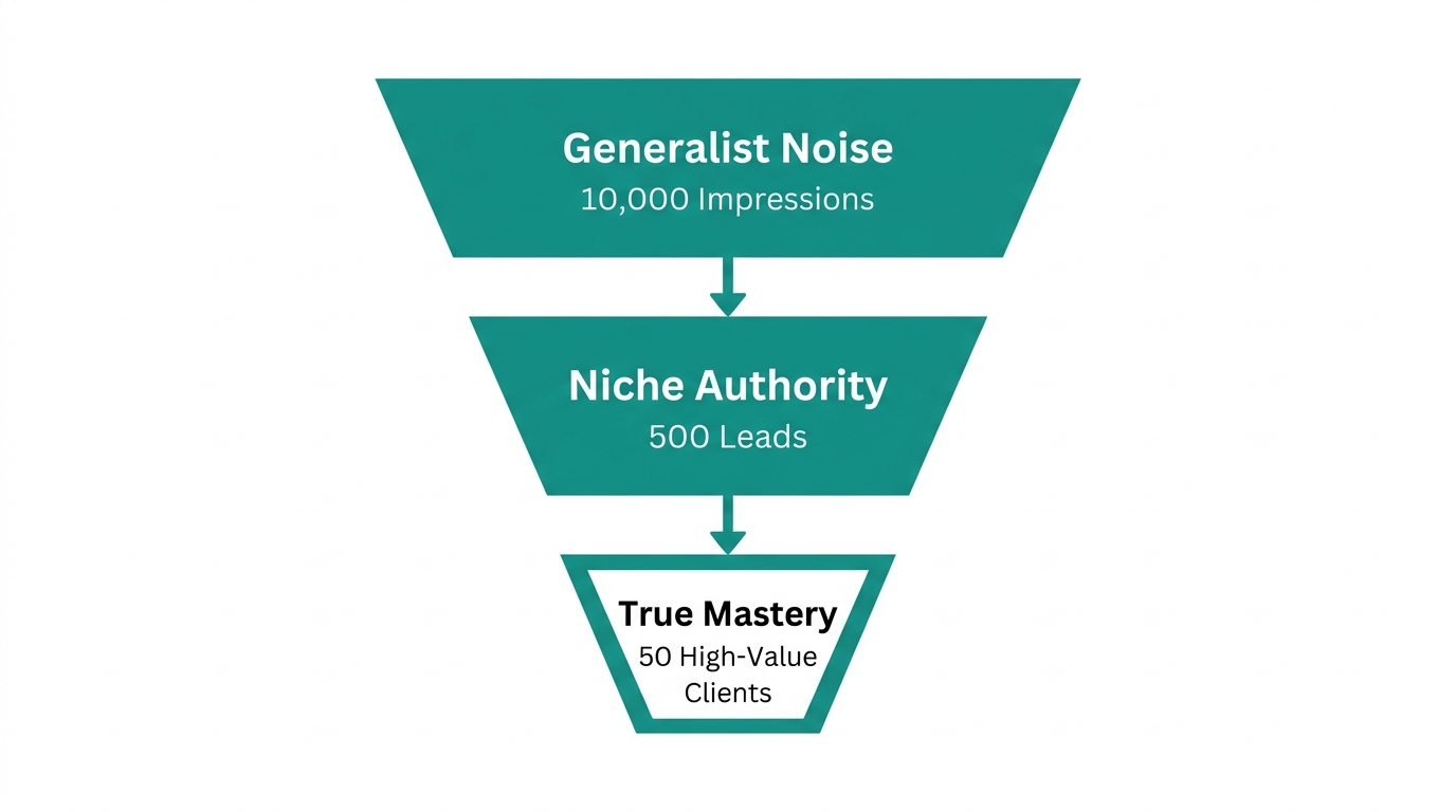 The conversion funnel from generic reach to high-value mastery.
