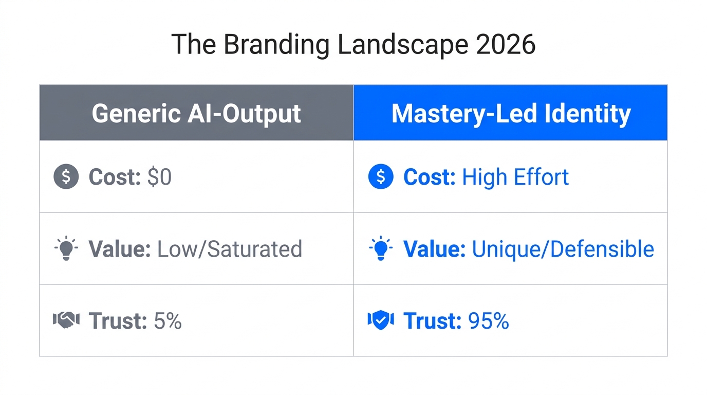 Comparison of commodity AI branding versus human-led mastery identity.
