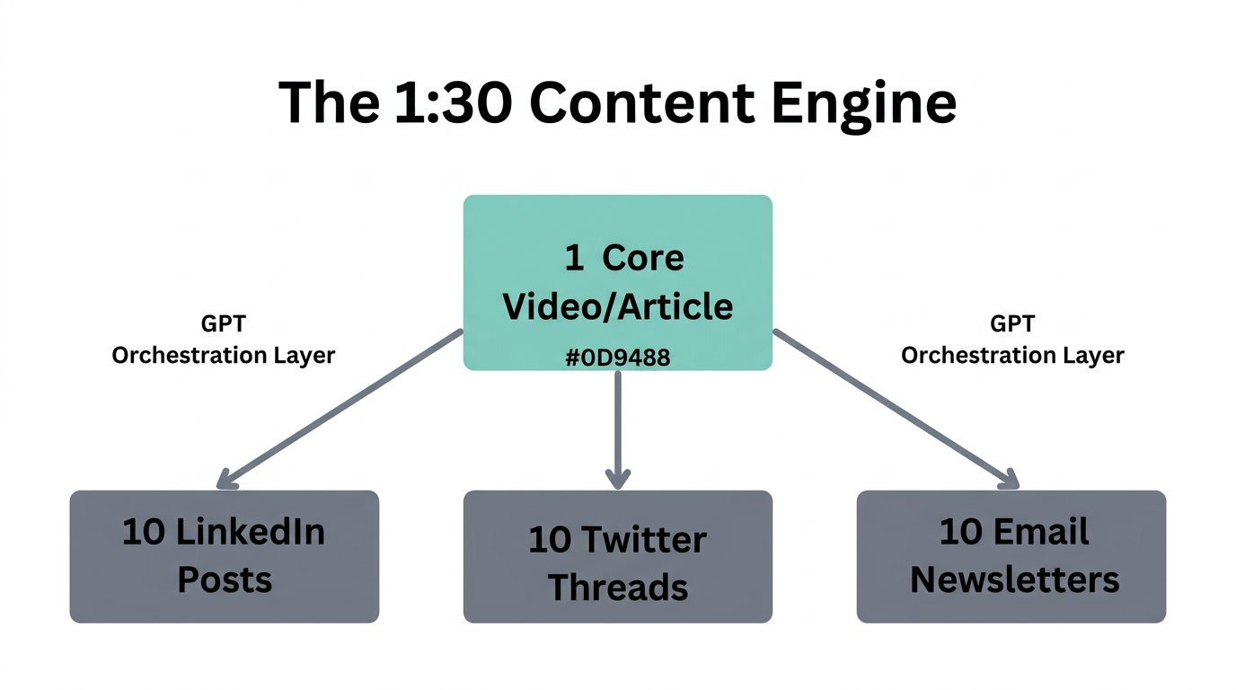 The 1:30 repurposing workflow for maximum content distribution.