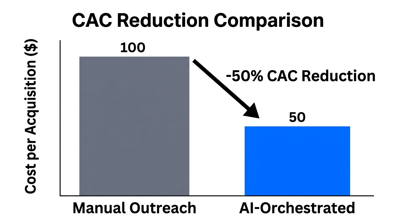 Comparison of customer acquisition costs showing 50% reduction with AI.