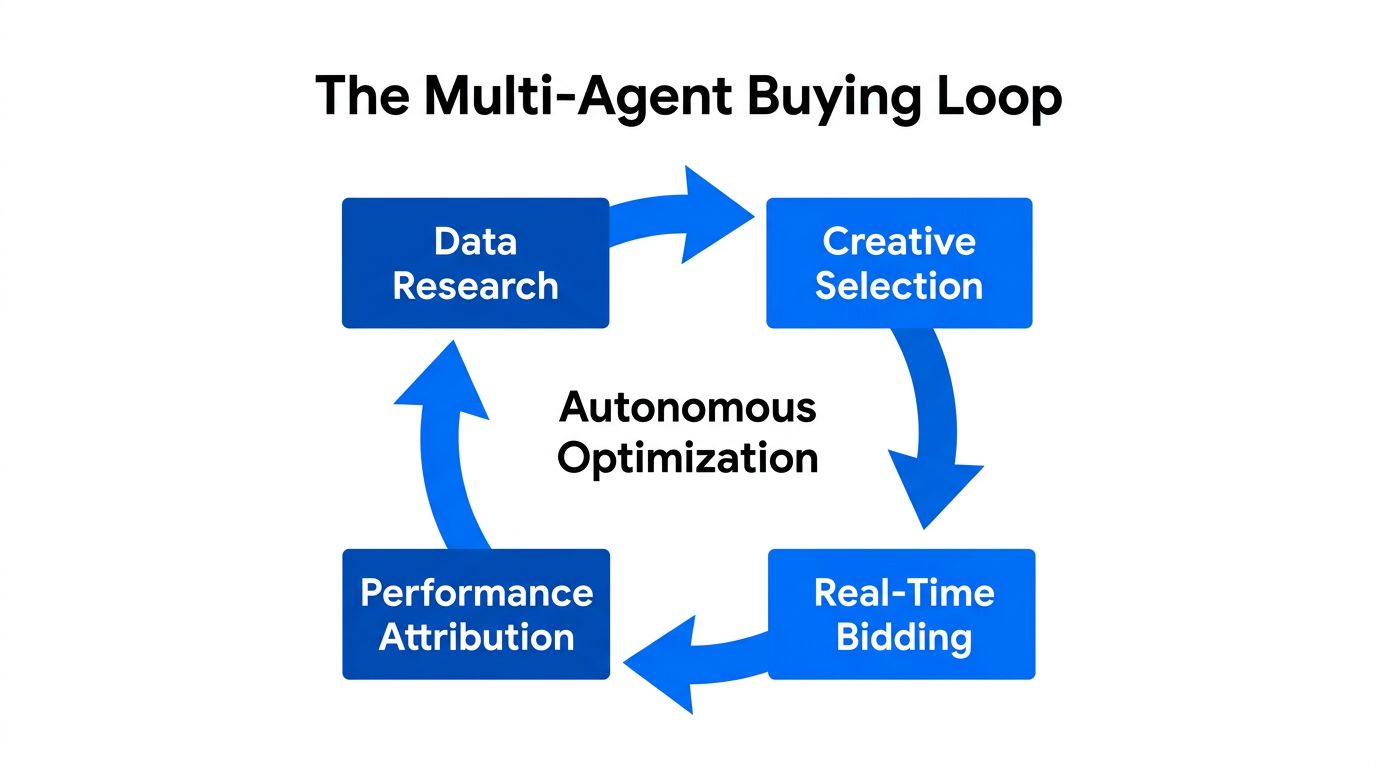 The continuous optimization cycle of a multi-agent media buying workflow.