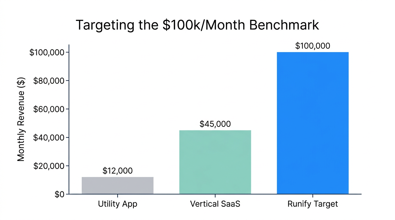 Revenue benchmarks showing the gap between general apps and Runify targets.