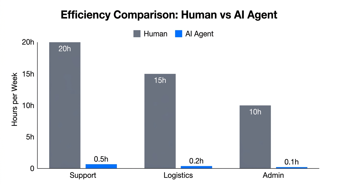 Efficiency chart comparing human labor hours to AI agent task time.