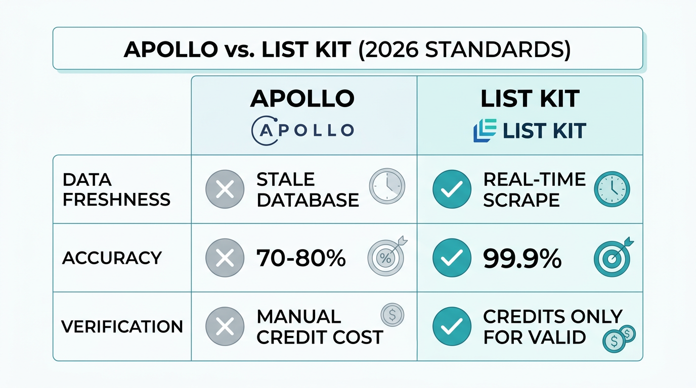 Comparison of data quality and verification methods between Apollo and List Kit.