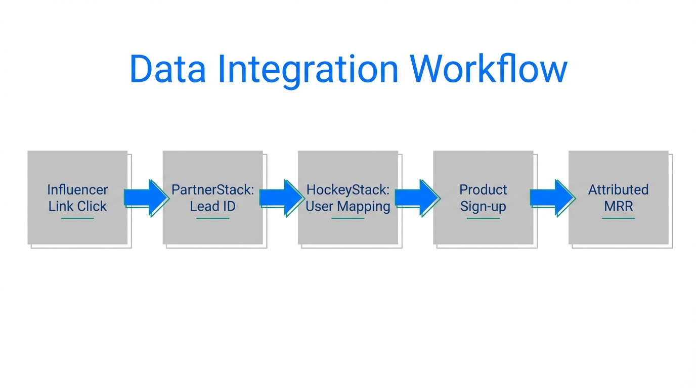 Data synchronization workflow from initial influencer click to attributed recurring revenue.