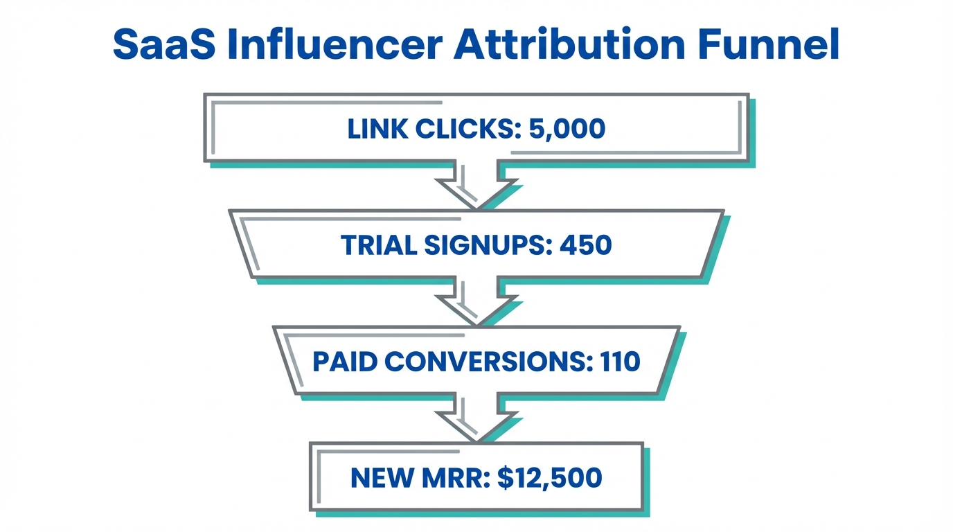 Attribution funnel tracking influencer-driven prospects from clicks to monthly revenue.
