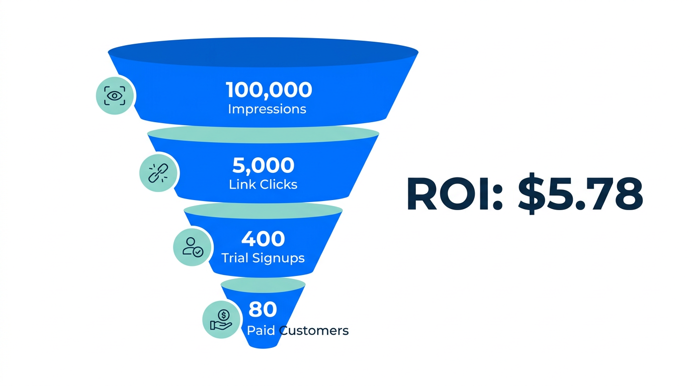 SaaS influencer funnel showing conversion rates and $5.78 ROI.