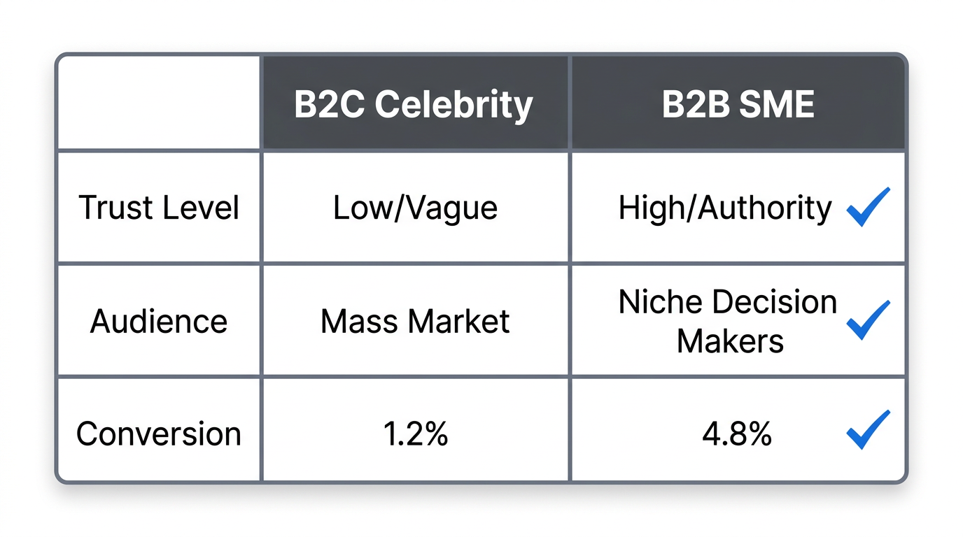 Comparison of general celebrity influencers versus niche B2B experts.