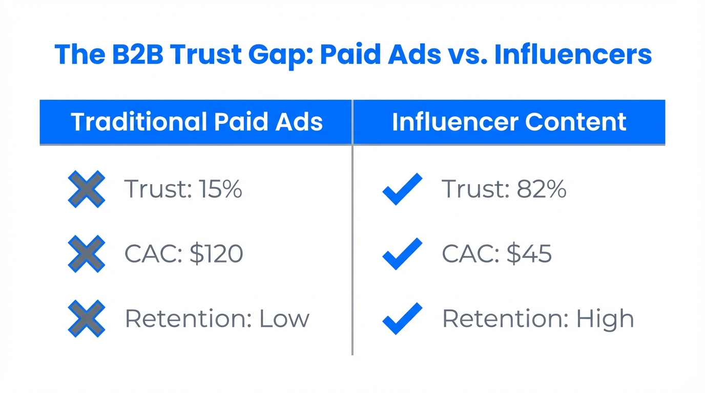 Comparison of trust and acquisition costs between ads and influencers.