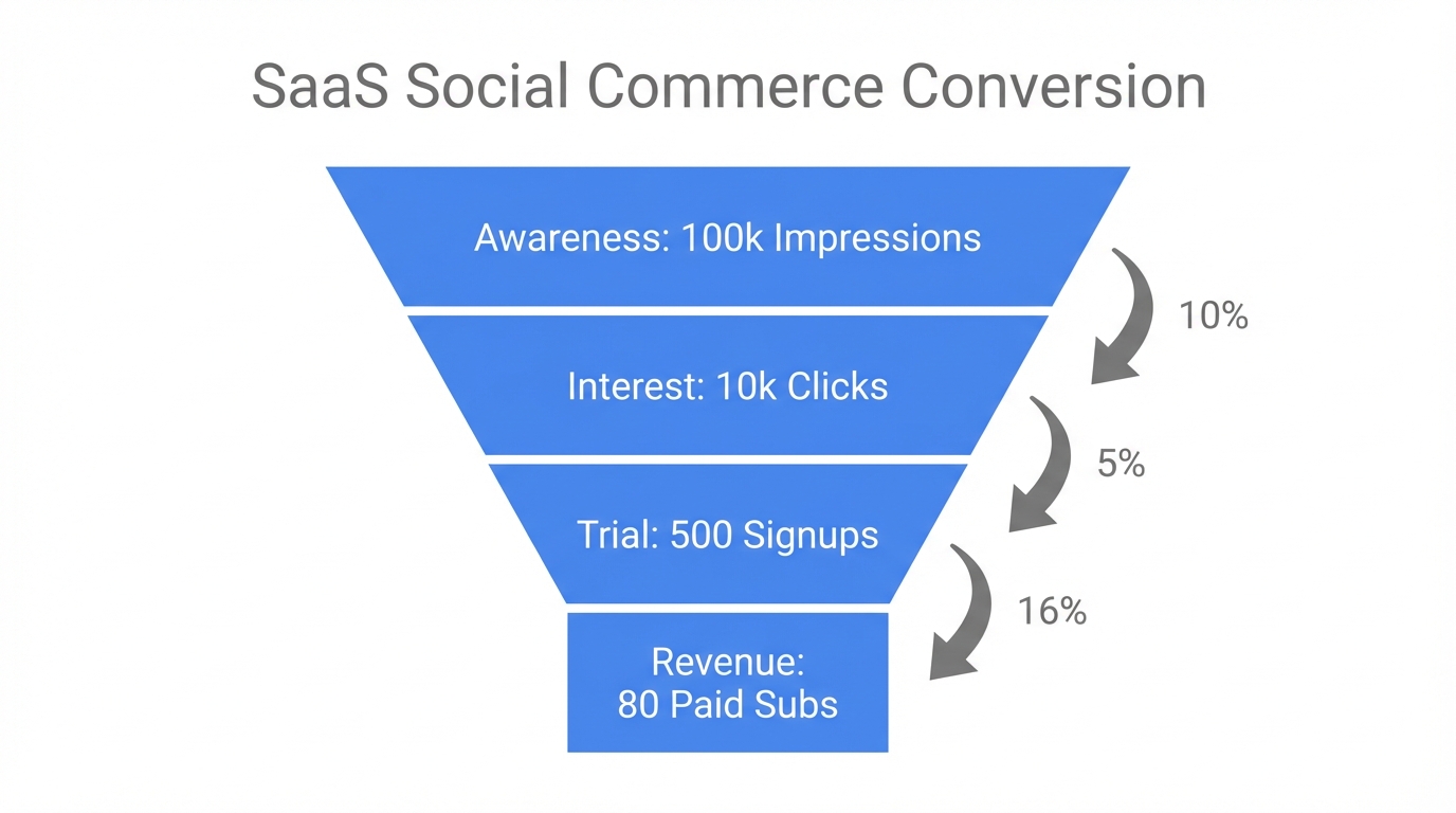 A conversion funnel showing social commerce efficiency for B2B SaaS.