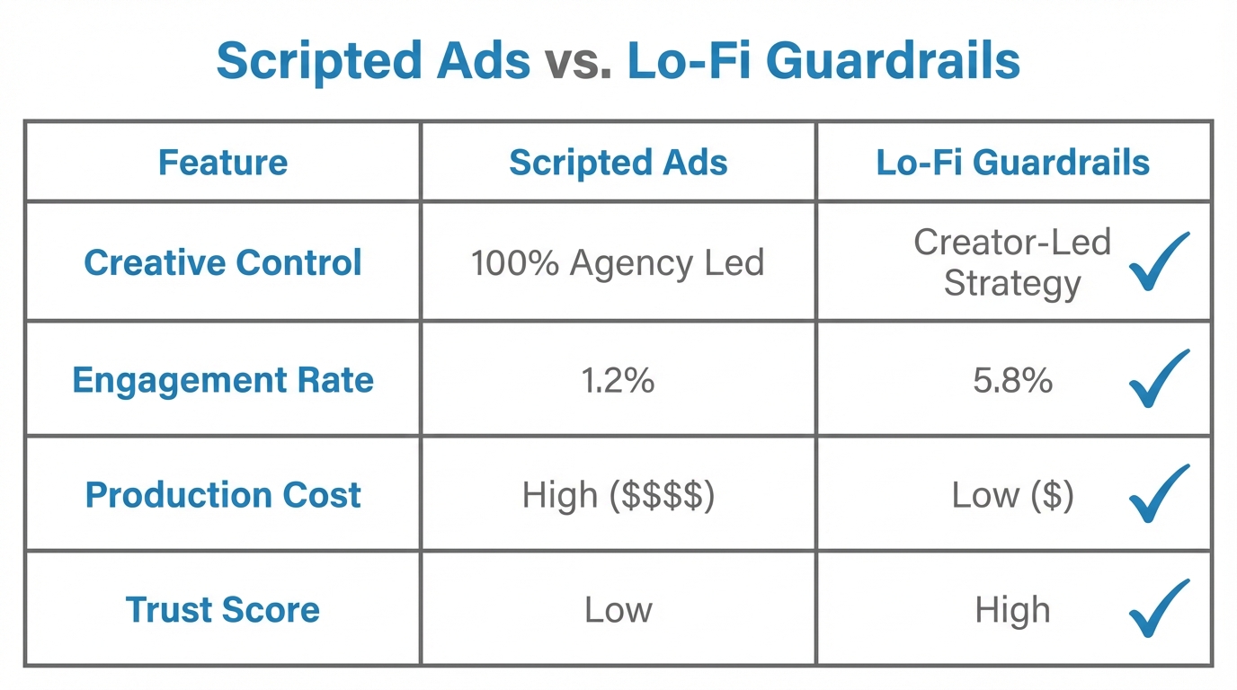 Comparison of performance metrics between scripted ads and lo-fi guardrails.