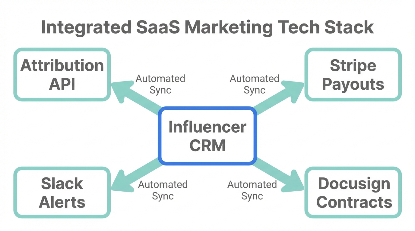Technical integration map showing how a central CRM automates marketing tasks.