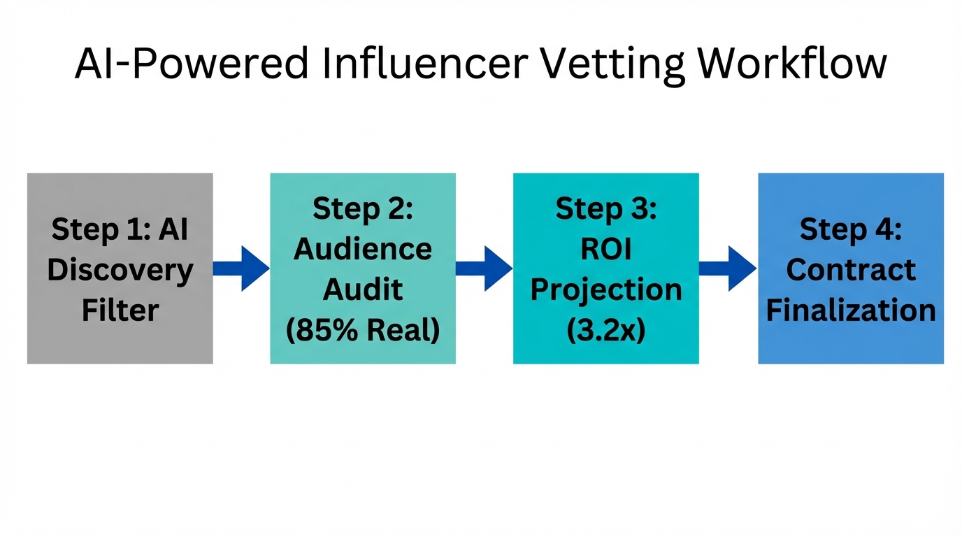 A four-step workflow for vetting influencers using AI and ROI metrics.