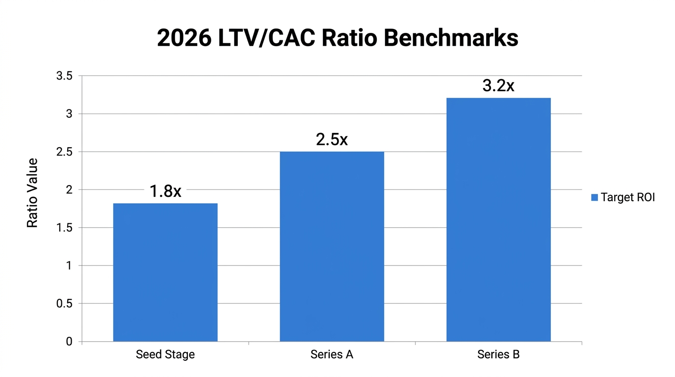 Target LTV/CAC benchmarks for SaaS companies at different growth stages.