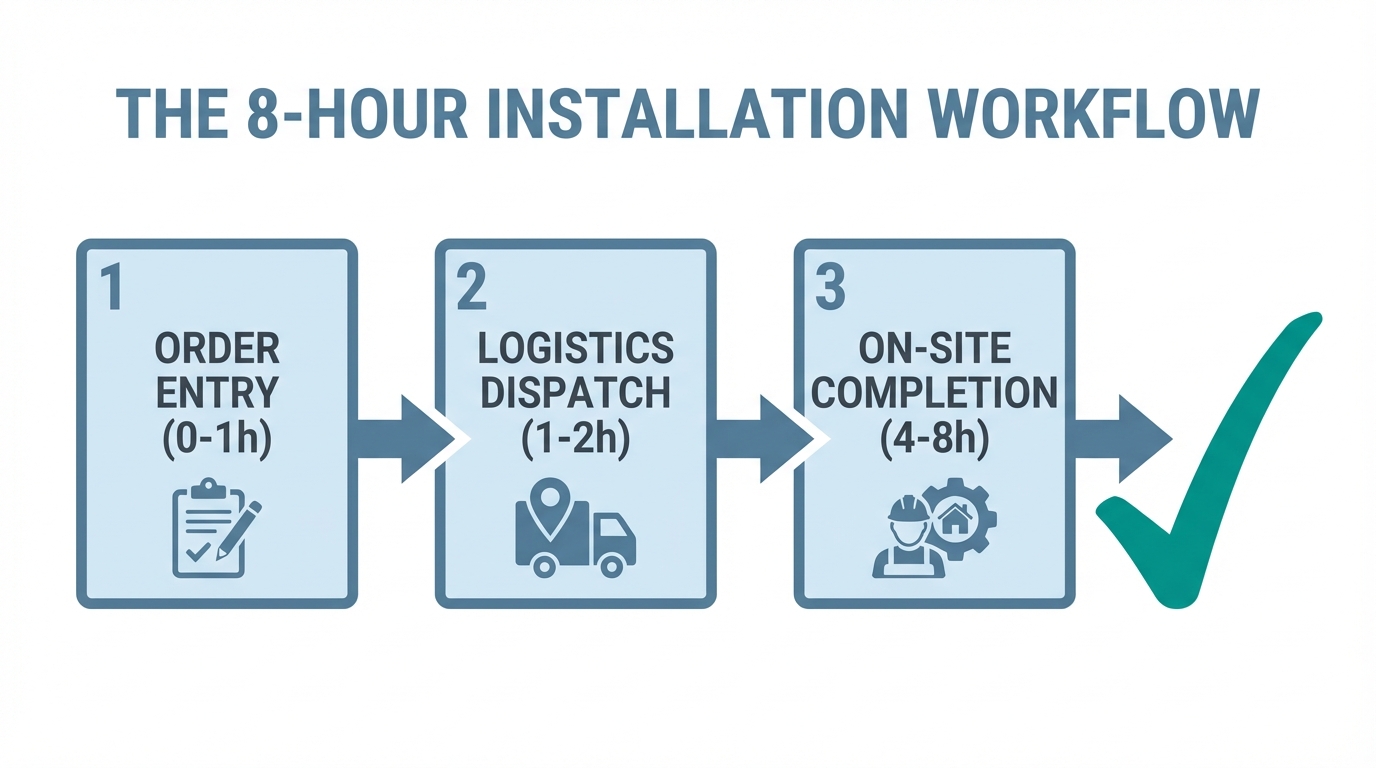 The operational sequence required to hit an eight-hour installation goal.