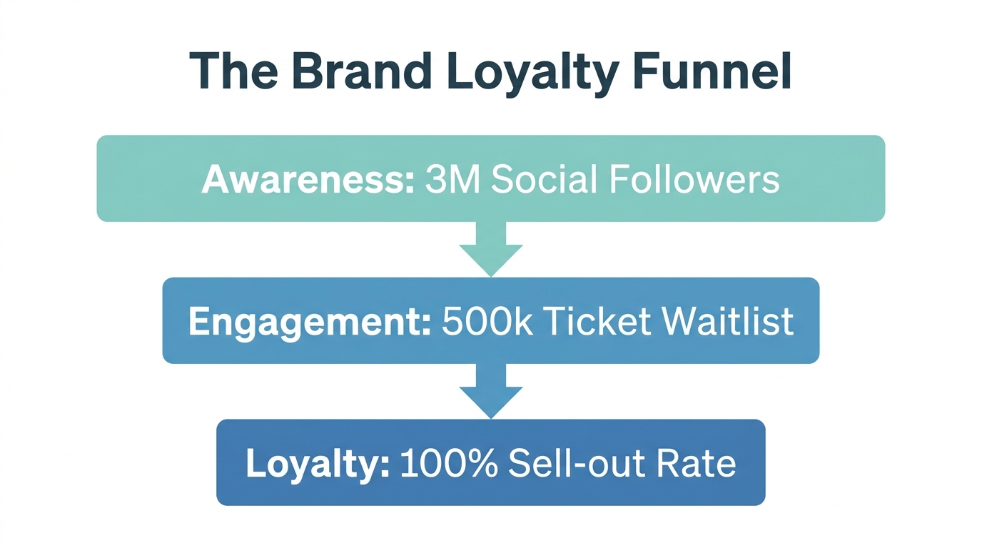 Funnel showing the conversion of social followers into ticket buyers.