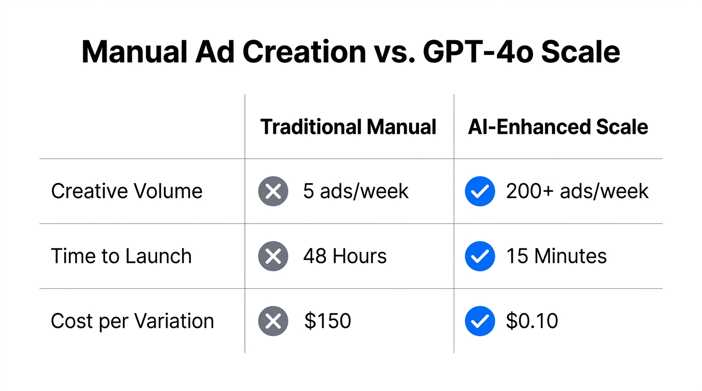Efficiency comparison: Manual production versus AI-powered creative scaling.