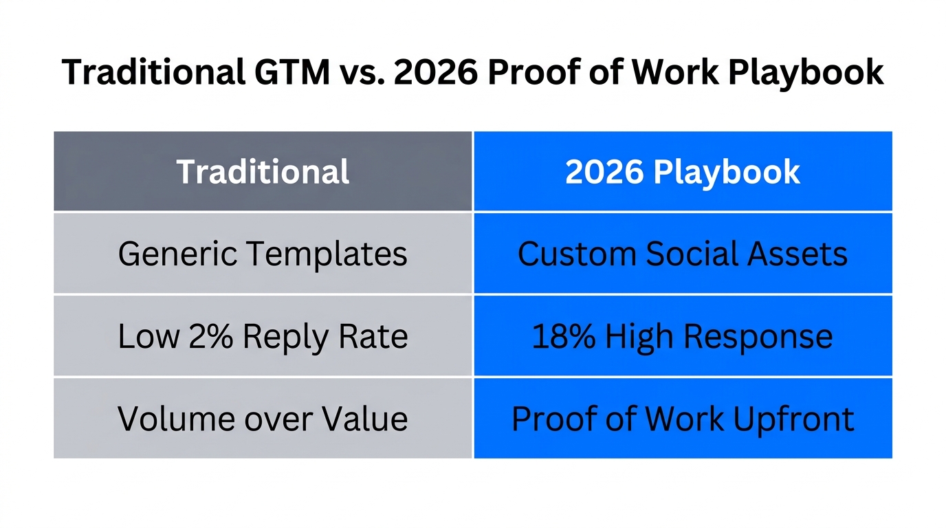 Comparison of traditional outreach performance versus the 2026 Proof of Work method.