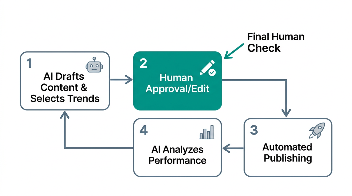 Workflow showing human oversight in the AI content creation loop.