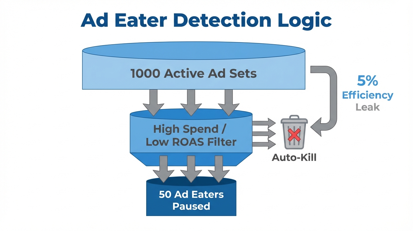 Funnel showing how AI identifies and pauses underperforming ad sets.