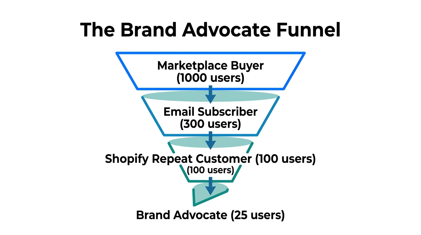Customer journey from anonymous marketplace buyer to loyal brand advocate.