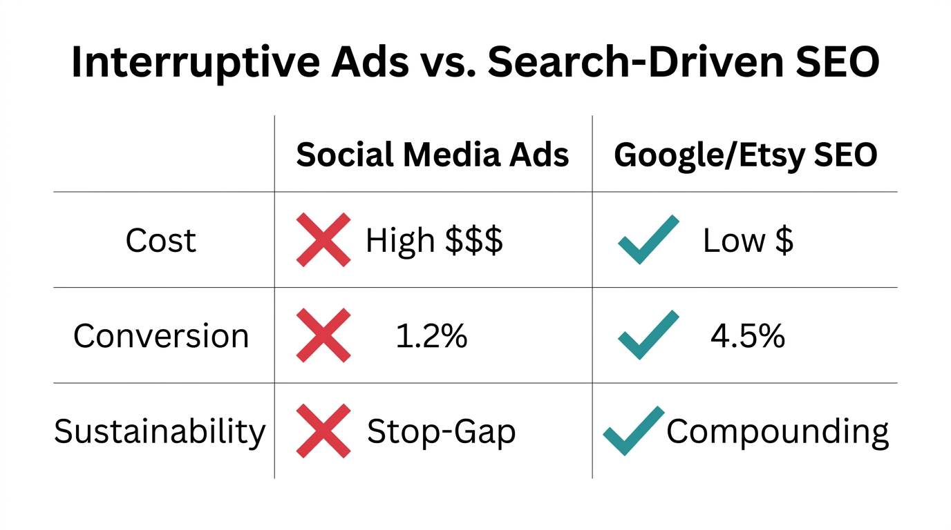 Comparing the efficiency of search-driven traffic against expensive social ads.