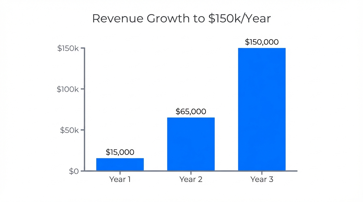 Revenue trajectory from initial launch to the $150k annual milestone.