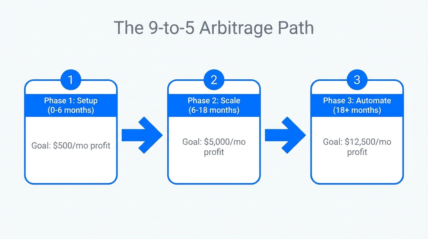 Phased roadmap for transitioning from a 9-to-5 to an automated business.