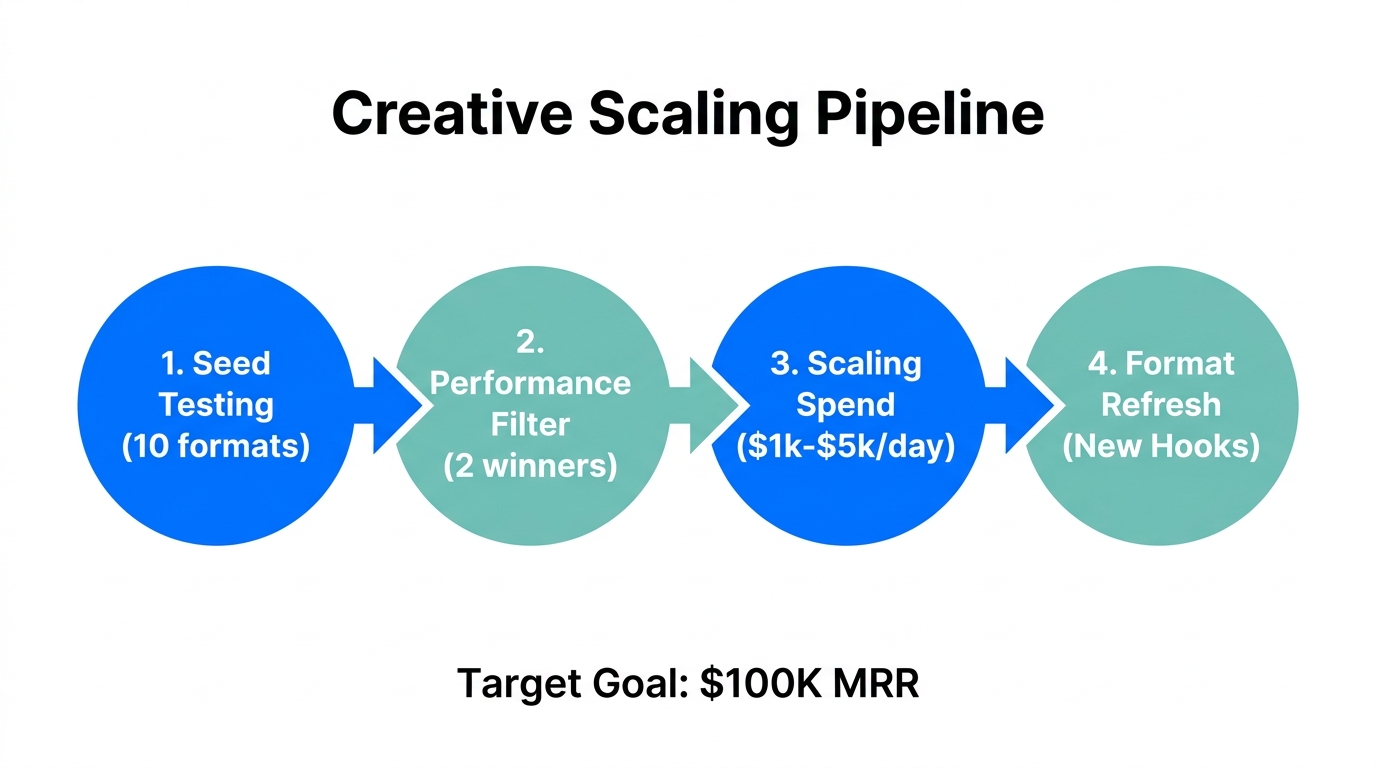 Four-step process for scaling viral ad formats to high MRR.