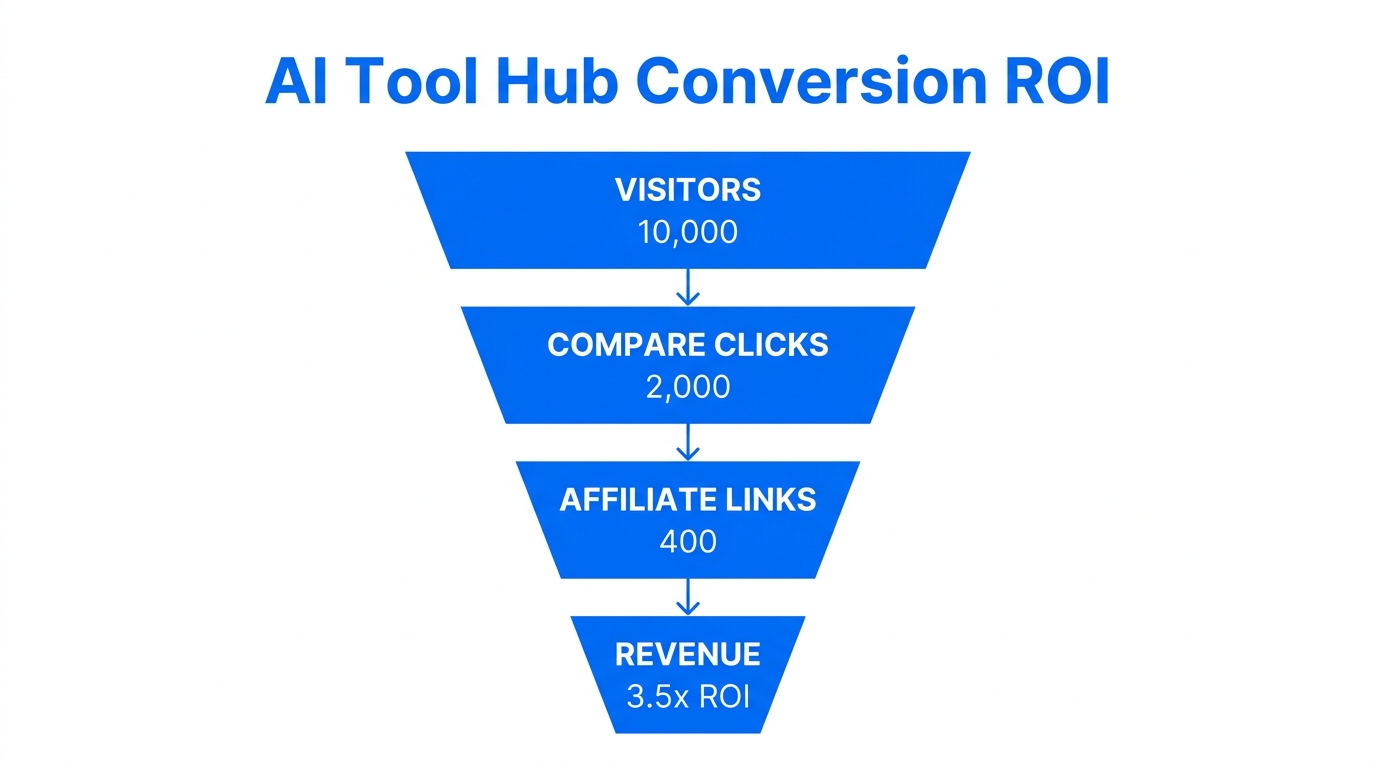 Conversion metrics and ROI potential for automated tool comparison hubs.