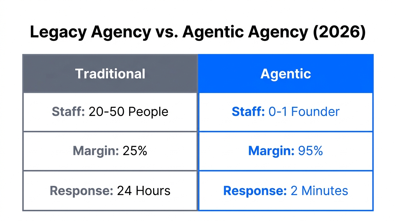 Comparison of traditional agency overhead versus the 2026 agentic model.