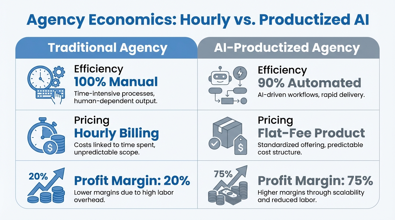Comparison of profit margins between traditional and AI-productized agency models.