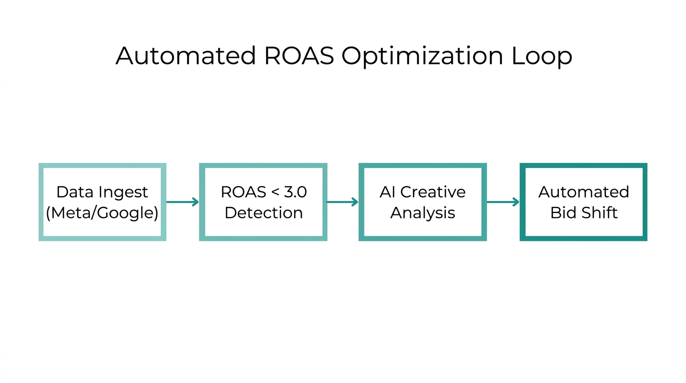 The continuous feedback loop for automated ROAS auditing and bid adjustment.