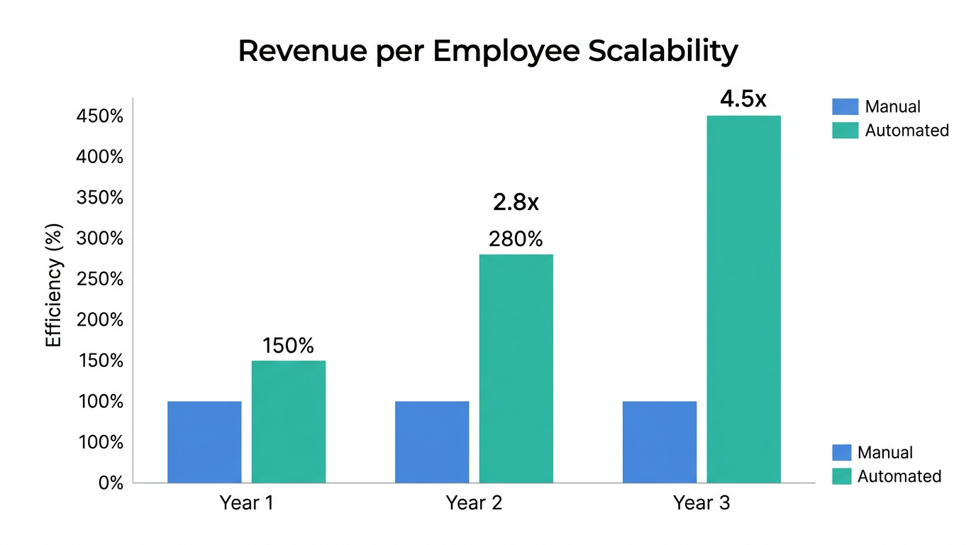 Efficiency chart comparing revenue scaling with and without Digital Employee automation.