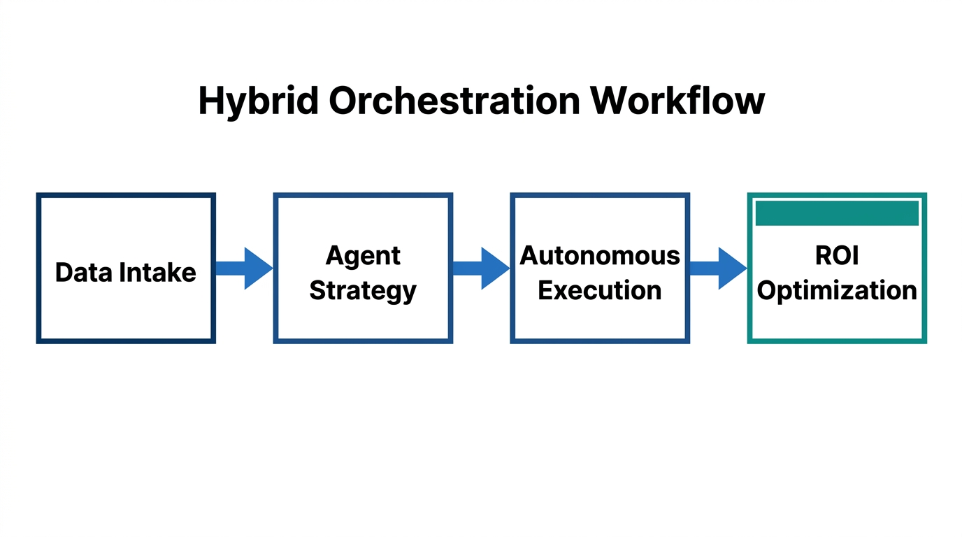 The four-stage orchestration workflow for AdMagica.ai autonomous agents.