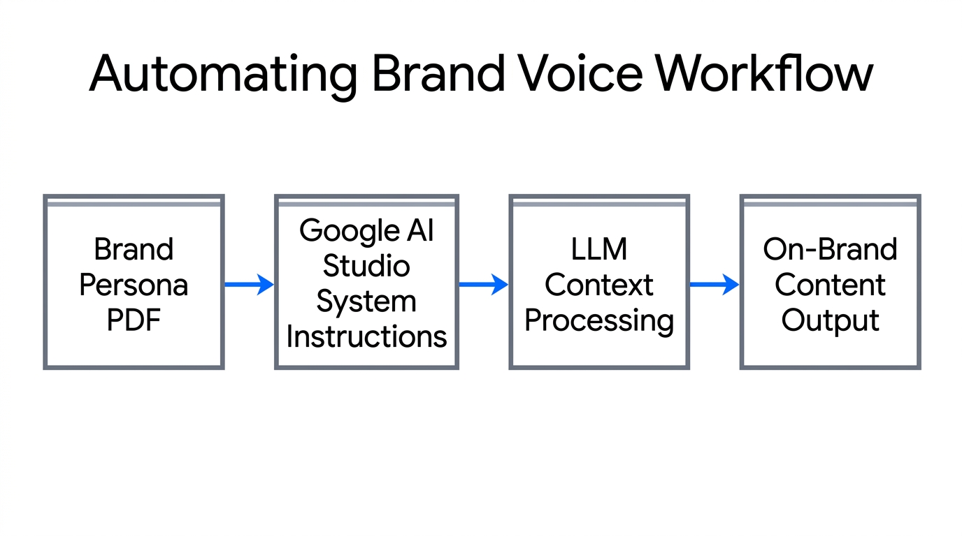 Workflow showing brand guidelines converting into automated AI-generated content.