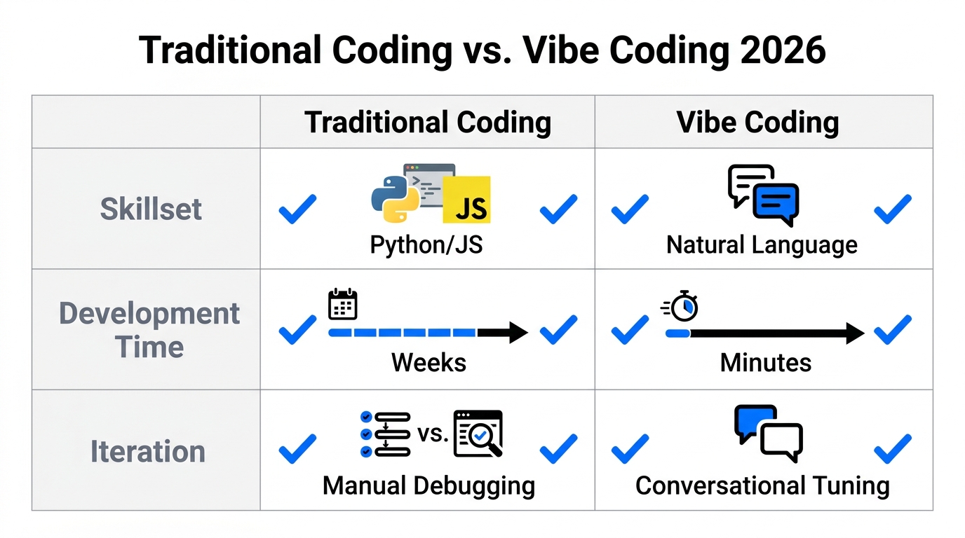 Comparison of traditional development versus AI-driven vibe coding for tools.