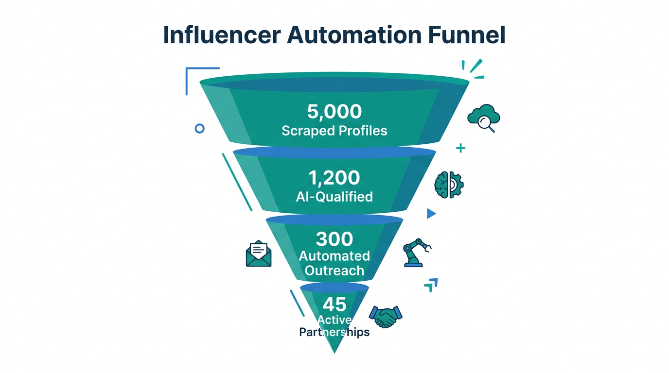 Automated influencer outreach funnel showing conversion from scraping to partnerships.