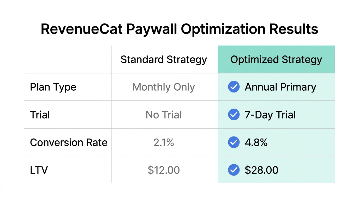 Comparison of conversion metrics between standard and optimized paywall strategies.